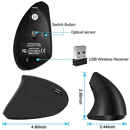 Ratón inalámbrico Mouse inalambrico Ratón ergonómico Vertical,Recargable Ratón 2.4Ghz 5 Botones 3DPI Protege Especialmente para PC, Macbook