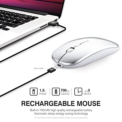 Ratón Inalámbrico Recargable, Silencioso Infame Ratón óptico Silencioso Click Mini, Ultra Delgado 1600 dpi para Computadora Portátil, PC, Portátil, Computadora, Macbook (Plata Clara)