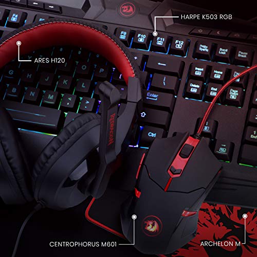 Redragon S101-BA, Combo PACK Gaming, Teclado Gaming Retroiluminado RGB Distribucion España + Ratón para juegos + Auriculares con microfono + Alfombrilla Tipo Speed. PC Compatible.