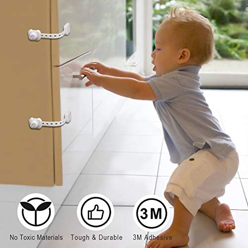 REDTRON Cerraduras de Seguridad para Niños, 6Pcs Bloqueo de Seguridad con Adhesivo de 3M, Cerraduras a Prueba de Bebé para Gabinetes, Cajones, Neveras(Blanco, No se necesita usar taladros)