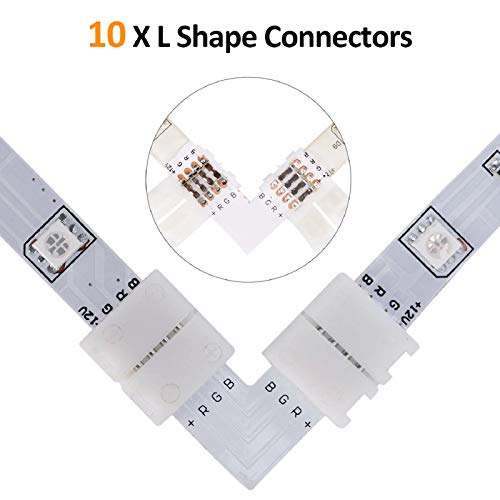 REDTRON Conector de tira LED,Conector LED RGB de 10mm que incluye 10x conectores en forma de L, Cable divisor de 2 vías, 4x puentes conectores de tiras[Clase de eficiencia energética A]