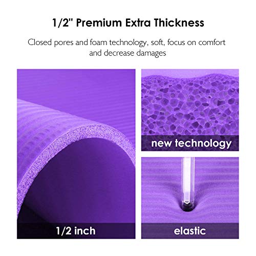 REEHUT - Esterillas de yoga extragruesas de caucho de nitrilo de alta densidad de 12 mm con correa de transporte, colchoneta multiusos para ejercicio, fitnes, pilates y entrenamiento, color morado