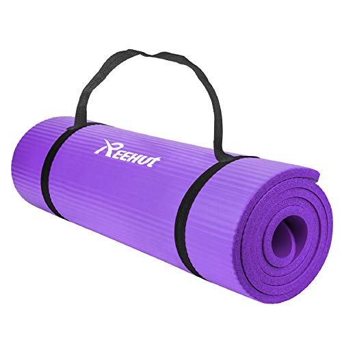 REEHUT - Esterillas de yoga extragruesas de caucho de nitrilo de alta densidad de 12 mm con correa de transporte, colchoneta multiusos para ejercicio, fitnes, pilates y entrenamiento, color morado