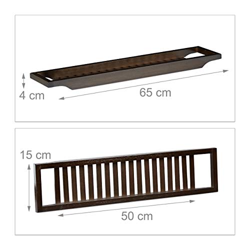 Relaxdays Bandeja Bañera, Tabla de Baño, Soporte, Estante, Balda, Repisa, Relax, Bambú, 1 Ud, 4 x 65 x 15 cm, Marrón
