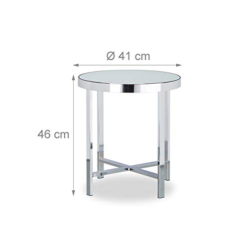 Relaxdays Mesa Auxiliar Redonda, Mesita Café Metálica, Cristal Templado-Acero, 46 x 41 x 41 cm, Plateado