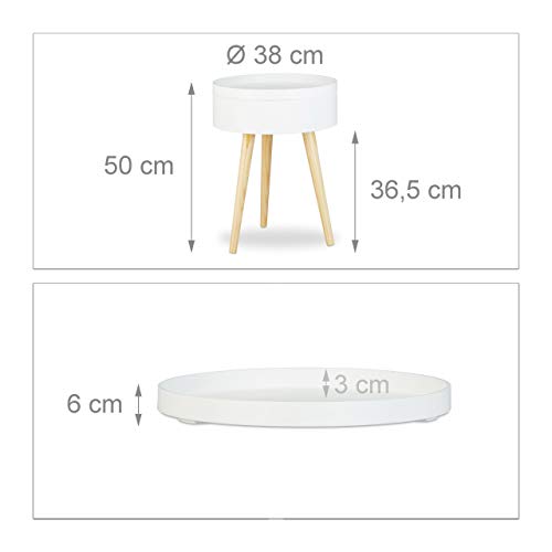 Relaxdays Mesa Auxiliar Redonda Nórdica con Bandeja, Madera, Blanco, 50X38X38 Cm