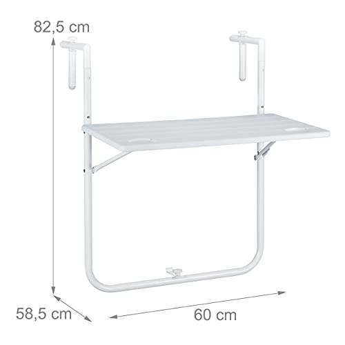 Relaxdays Mesa Plegable Balcón, Mesilla Colgante, Abatible, 3 Altos, Mesita Barandilla, Efecto Madera, 59,5x35,5, Blanca, 1 Pieza