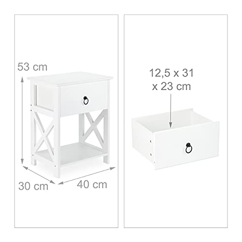 Relaxdays Mesita de Noche, con Cajón y Balda, Mesa Dormitorio Rústica, 53 x 40 x 30cm, Mesilla Auxiliar, Pasillo, Blanca, Metal, 1 Pieza