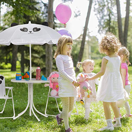 Relaxdays Mobiliario Infantil para jardín, Sombrilla, Sillas Plegables, Mesa para niños, 4 Uds, Panda, Blanco, Hierro