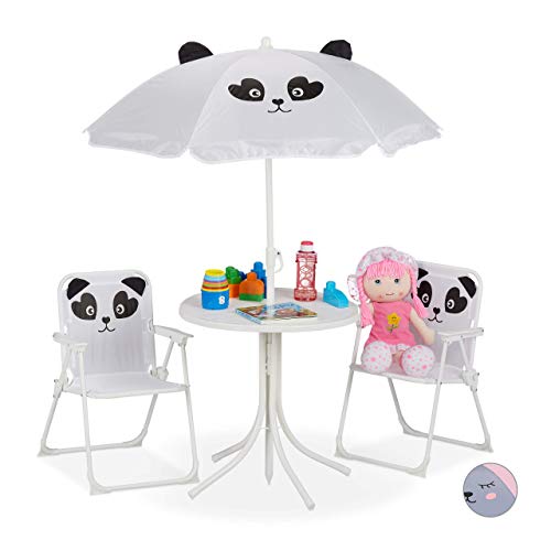 Relaxdays Mobiliario Infantil para jardín, Sombrilla, Sillas Plegables, Mesa para niños, 4 Uds, Panda, Blanco, Hierro