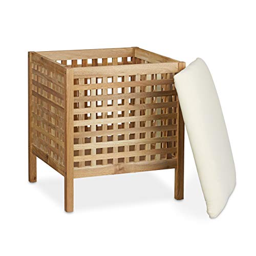 Relaxdays - Mueble/contenedor, puf para el baño, de Madera de Nogal Maciza, Capacidad 52 L, Color Natural