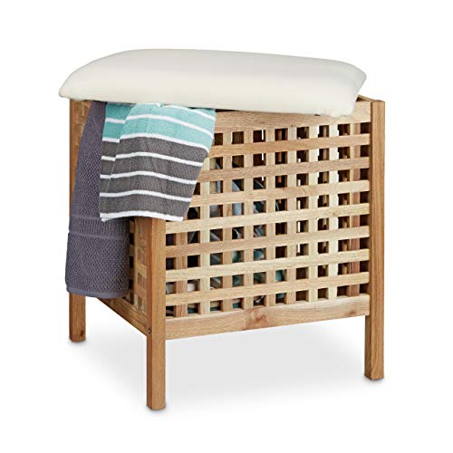 Relaxdays - Mueble/contenedor, puf para el baño, de Madera de Nogal Maciza, Capacidad 52 L, Color Natural