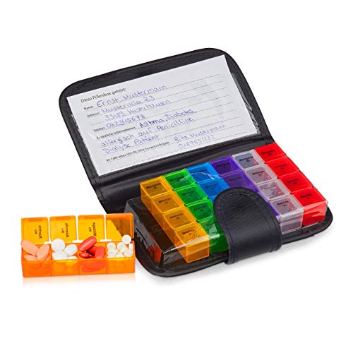 Relaxdays Pastillero Semanal con Estuche 4 Tomas, Organizador Pastillas, 1 ud, PVC-PP, 19,5 x 13,5 x 3,5 cm, Negro