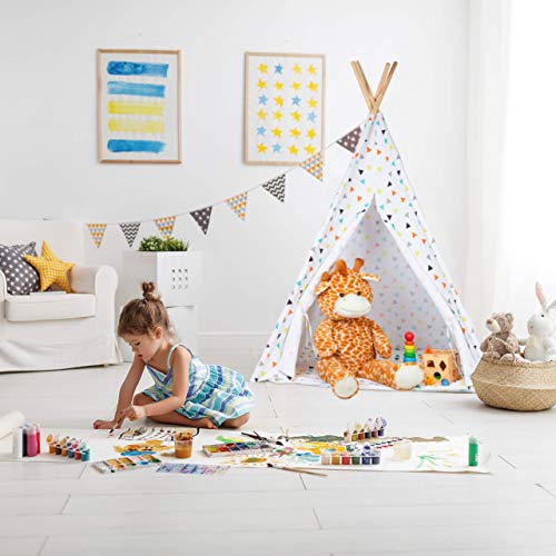 Relaxdays Tipi Infantil, Tienda Campaña, Casita para Niños con Bolsa, Lino-Madera, 160 x 115 x 115 cm, Blanco-Multicolor