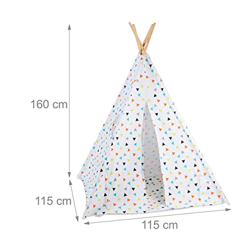 Relaxdays Tipi Infantil, Tienda Campaña, Casita para Niños con Bolsa, Lino-Madera, 160 x 115 x 115 cm, Blanco-Multicolor