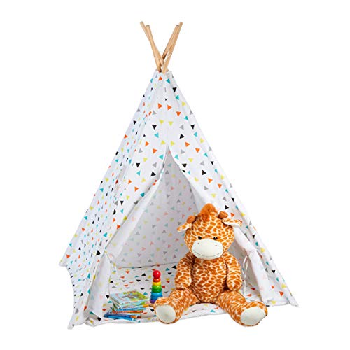 Relaxdays Tipi Infantil, Tienda Campaña, Casita para Niños con Bolsa, Lino-Madera, 160 x 115 x 115 cm, Blanco-Multicolor