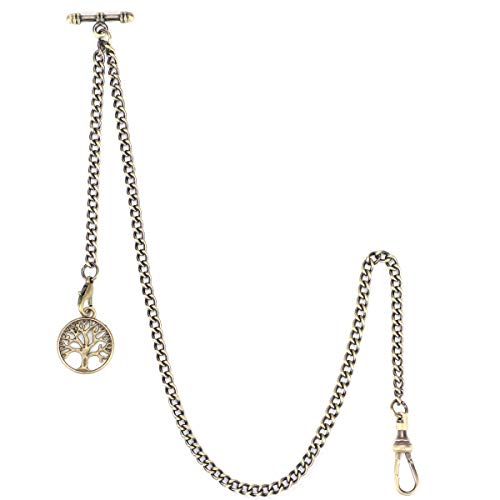 Reloj de Bolsillo ManChDa Albert Chain, Cadena de Barra en T con Colgante Life Tree, Cadena de eslabones bordillo, 2 Ganchos, Barra T Antigua para Hombres (Bronce)