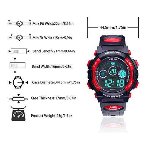 Reloj Digital para Niños,Niños Niñas 50M (5ATM) Impermeable 7 Colores LED Relojes Deportivos Multifuncionales para Exteriores con Alarma (Negro Rojo)