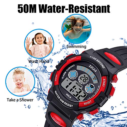 Reloj Digital para Niños,Niños Niñas 50M (5ATM) Impermeable 7 Colores LED Relojes Deportivos Multifuncionales para Exteriores con Alarma (Negro Rojo)