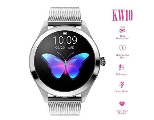 Reloj redondo IP68 a prueba de agua con pantalla táctil inteligente for las mujeres, Smart Watch KW10, perseguidor de la aptitud con la frecuencia cardíaca y dormir pulsera podómetro for iOS/Android