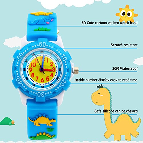 Relojes analógicos para niños Impermeables, Reloj de Pulsera para niños con Correa de Silicona 3D de Dibujos Animados, Juguete para niños pequeños Regalo de cumpleaños/Navidad (Dinosaur)