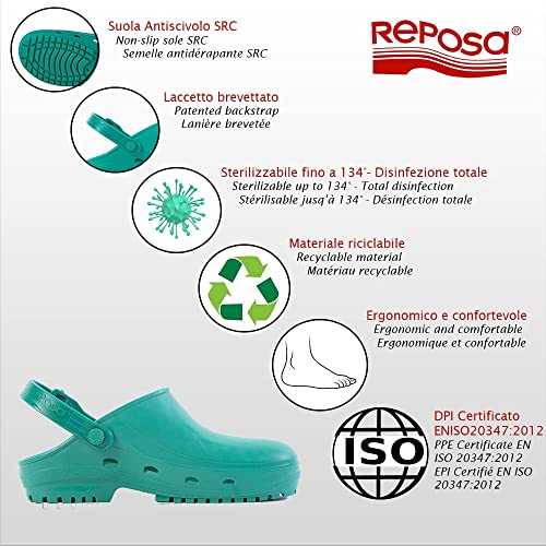 REPOSA MAX Zuecos Sanitarios, Zapatos Sanitarios Tipo Zueco, Polímero Natural Antiestático, Sin Látex, Capellada Superior Cerrada, Agujeros Laterales, Plantilla Anatómica, Suela SRC