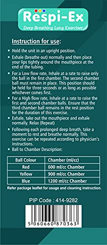 Respi-Ex Ejercitador de pulmón de respiración profunda, lavable e higiénico, sistema de medición de la respiración, ejercitador de pulmón, espirómetro de 3 bolas de incentivo