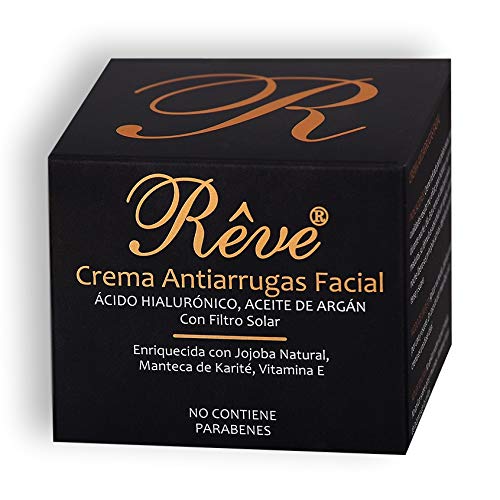 REVE Crema Antiarrugas Facial Argan con Ácido Hialurónico + Molecular Film + Vitamina E + Manteca de Karite + FPS15 + Aloe Vera Sin Parabenes - Hombre y Mujer, Día y Noche - Cosmética natural - 55 ml