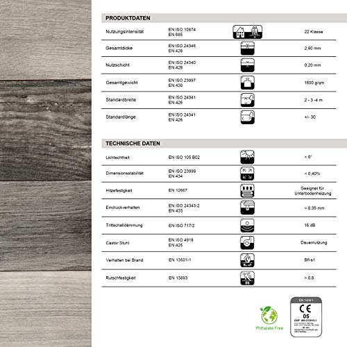 Revestimiento de suelo CV PLAZA – Suelo de PVC extra resistente (espumado) – Holm Oak 999M – Aspecto de madera noble – Superficie estructurada – Metro (200 x 500 cm)