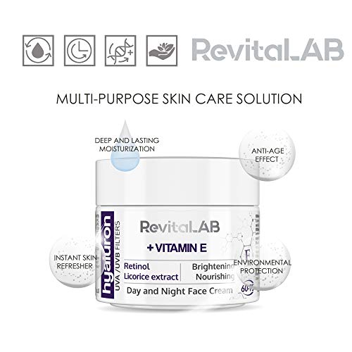 RevitaLAB - Crema antiarrugas de día y de noche enriquecida con vitamina A (retinol), vitamina E, extracto de raíz de regaliz, ácido hialurónico y filtros UV, franja de edad 60-75, 50 ml