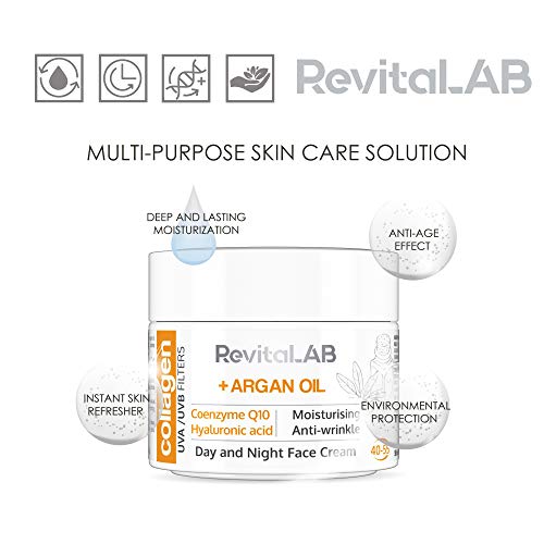 RevitaLAB - Crema hidratante antiarrugas de día y de noche con colágeno enriquecida con ácido hialurónico, Q10, aceite de argán y un filtro UVA/UVB, franja de edad 40-55, 50 ml