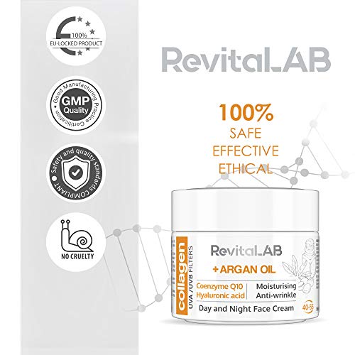 RevitaLAB - Crema hidratante antiarrugas de día y de noche con colágeno enriquecida con ácido hialurónico, Q10, aceite de argán y un filtro UVA/UVB, franja de edad 40-55, 50 ml