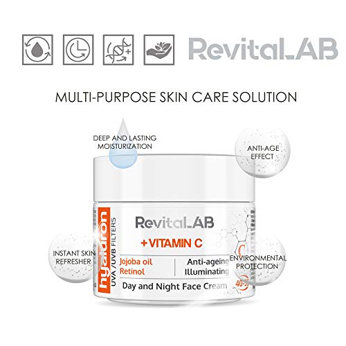 RevitaLAB Hyaluron Anti-Aging Day and Night Cream, Enriched with Vitamins A, B3, B5, E, C, Jojoba Oil, and UV Filters for Ages 40 – 55, 50 ml