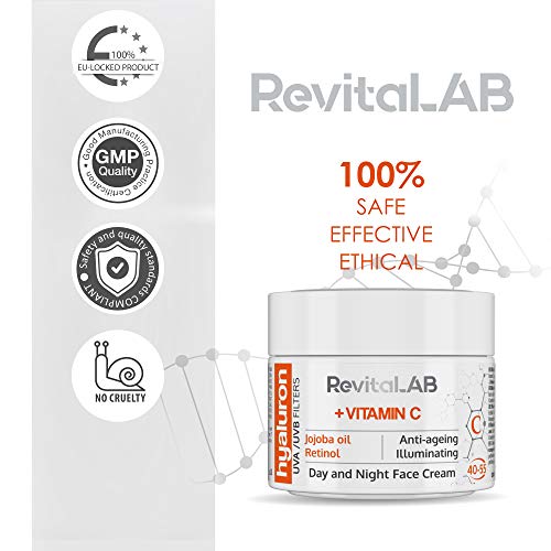 RevitaLAB Hyaluron Anti-Aging Day and Night Cream, Enriched with Vitamins A, B3, B5, E, C, Jojoba Oil, and UV Filters for Ages 40 – 55, 50 ml