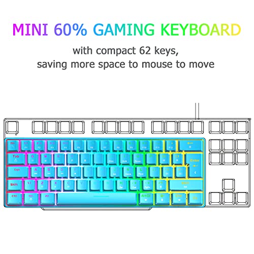 RGB 60% Teclado para Juegos, Mini Game Keyboard Mecánico Interruptor Rojo con 62 Teclas Compactas,18 RGB LED Chroma Backlit,Cable USB Tipo C Desmontable,Anti-Gghosting para PC Portátil Mac-Azul