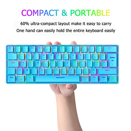 RGB 60% Teclado para Juegos, Mini Game Keyboard Mecánico Interruptor Rojo con 62 Teclas Compactas,18 RGB LED Chroma Backlit,Cable USB Tipo C Desmontable,Anti-Gghosting para PC Portátil Mac-Azul