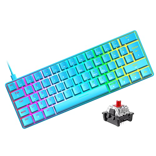 RGB 60% Teclado para Juegos, Mini Game Keyboard Mecánico Interruptor Rojo con 62 Teclas Compactas,18 RGB LED Chroma Backlit,Cable USB Tipo C Desmontable,Anti-Gghosting para PC Portátil Mac-Azul