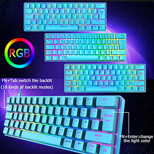 RGB 60% Teclado para Juegos, Mini Game Keyboard Mecánico Interruptor Rojo con 62 Teclas Compactas,18 RGB LED Chroma Backlit,Cable USB Tipo C Desmontable,Anti-Gghosting para PC Portátil Mac-Azul