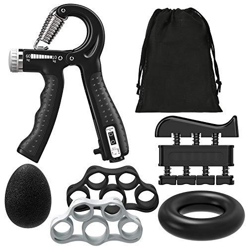 Rhino Valley Fortalecedor de Mano Ajustable, 6 PZS Kit de Entrenamiento Elástico 10-60 kg Destreza Fuerza de Dedos Antebrazos Muñecas Codos Anillo Agarrador Estirador Bola Banda Resistencia, Negro