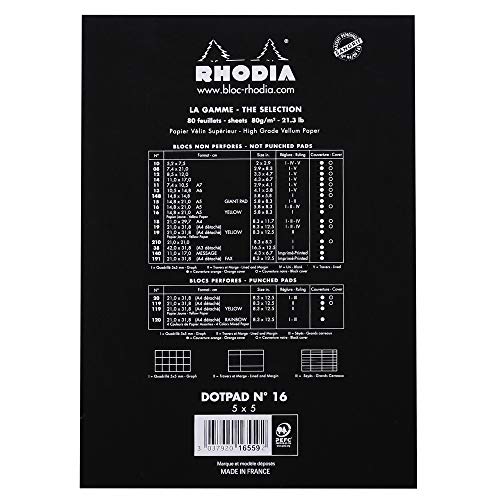 RHODIA 16559C - Bloc-Notes Agrafé Dotpad N°16 Black - A5 - Pointillés Dot - 80 Feuilles Détachables - Papier Clairefontaine Blanc 80 g/m² - Couverture en Carte Enduite Souple et Résistante - Basics