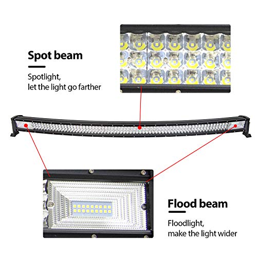 RIGIDON 52 pulgadas 675W Curvada Barra de luz led con 12V kit de cableado y 2 pcs 4 pulgadas 18W luz inundacion, Barras luminosas led para off road camión coche ATV SUV 4x4 barco todoterreno, 6000K