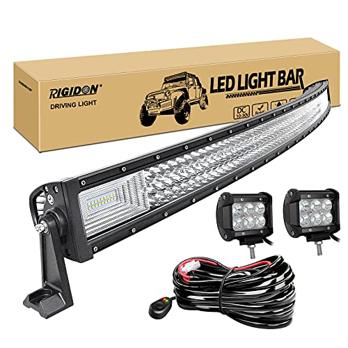 RIGIDON 52 pulgadas 675W Curvada Barra de luz led con 12V kit de cableado y 2 pcs 4 pulgadas 18W luz inundacion, Barras luminosas led para off road camión coche ATV SUV 4x4 barco todoterreno, 6000K