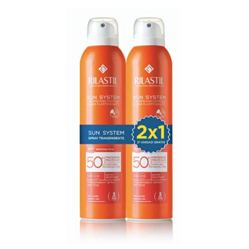 Rilastil Sun System - Spray Fotoprotector Wet-Skin Transparente, con Spf 50+, Pulverización Continua y Multi-Posición 360, 2 x 200 Mililitros