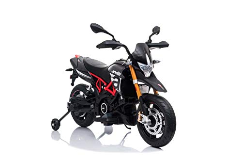 RIRICAR Moto eléctrica Aprilia DORSODURO 900, con Licencia, batería de 12V, Ruedas Suaves de EVA, Motores de 2 x 18W, suspensión, Marco de Metal, Horquilla de Metal, Ruedas auxiliares, Gris