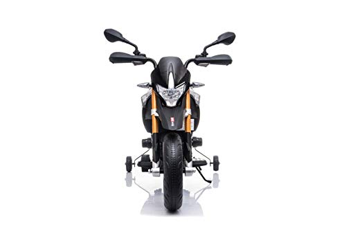 RIRICAR Moto eléctrica Aprilia DORSODURO 900, con Licencia, batería de 12V, Ruedas Suaves de EVA, Motores de 2 x 18W, suspensión, Marco de Metal, Horquilla de Metal, Ruedas auxiliares, Gris