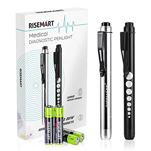 RISEMART - Luz de diagnóstico para pupila, luz de bolígrafo médica, 2 unidades, reutilizable, LED, con clip de bolsillo, para enfermeras, médicos, estudiantes, bolígrafo con luz (negro y plateado)