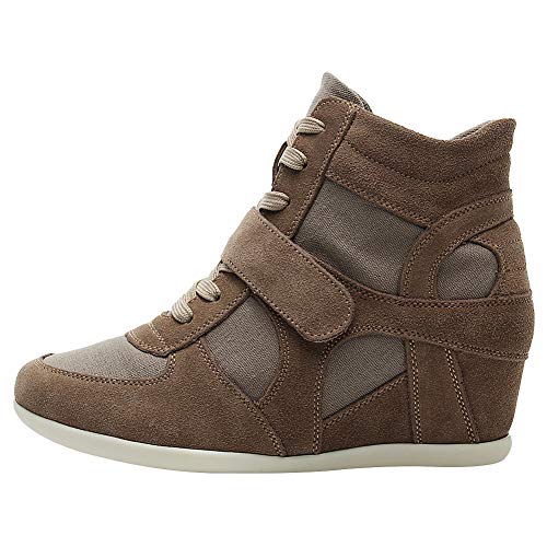 Rismart Mujer Tacón de cuña Linda Cómodo Bucle De Gancho Tela&Ante Cuero Casual Zapatillas Zapatos(marrón,38.5 EU)