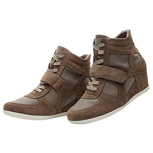 Rismart Mujer Tacón de cuña Linda Cómodo Bucle De Gancho Tela&Ante Cuero Casual Zapatillas Zapatos(marrón,38.5 EU)