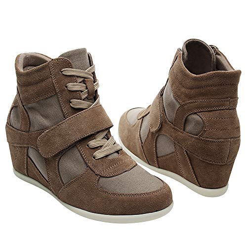 Rismart Mujer Tacón de cuña Linda Cómodo Bucle De Gancho Tela&Ante Cuero Casual Zapatillas Zapatos(marrón,38.5 EU)