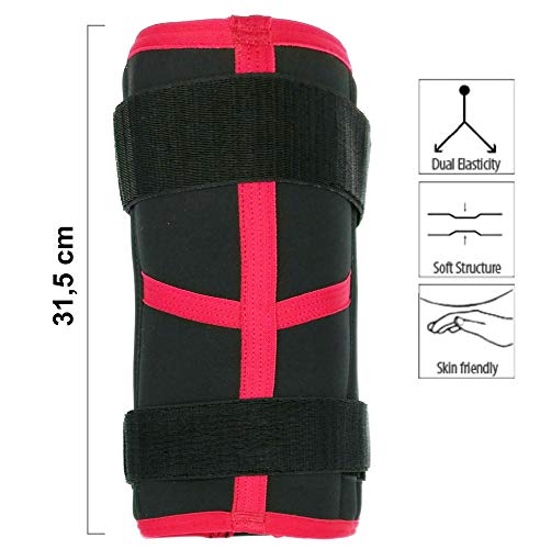 Rodillera de neopreno con anillo rotuliano y soporte de ligamentos, con refuerzos extra de velcro, fácil de llevar gracias al ajuste frontal.